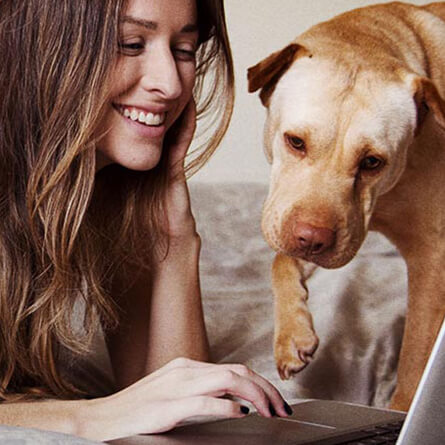 жена и куче гледат компютър