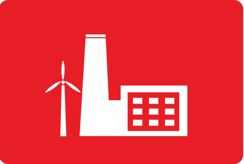 logo with white factory on red background