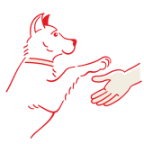 Скица на куче, протягащо лапата си към отворената ръка на човек