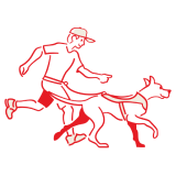 Скица на човек, който тича с куче в колан