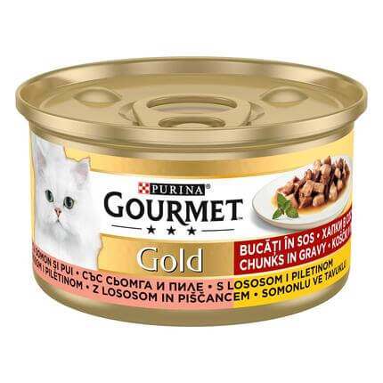 PURINA® GOURMET® GOLD, с пилешко месо и сьомга, мини филета в сос, мокра храна за котки