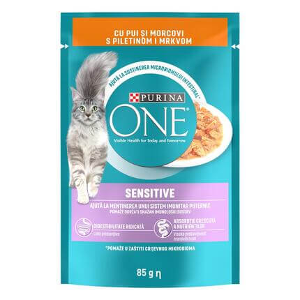 PURINA ONE SENSITIVE, с пилешко месо с морков, мини филета в сос, мокра храна за котки