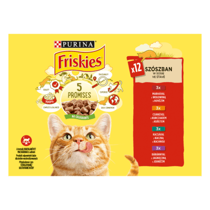 PURINA®FRISKIES® за котки в зряла възраст,Хапки в сос, с Месо  Мокра храна,Пауч, Мултиопаковка 12х85g