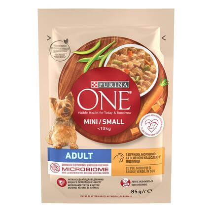 PURINA ONE® Mini Adult, пауч за кучета от дребни породи в зряла възраст, с Пиле и Моркови
