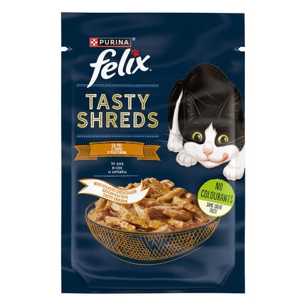 PURINA® FELIX® Tasty Shreds, с пиле в сос, мокра храна за котки, 80г