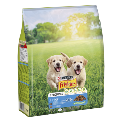 PURINA® FRISKIES® Junior, с пилешко месо и зеленчуци, суха храна за кучета, 2.4 кг