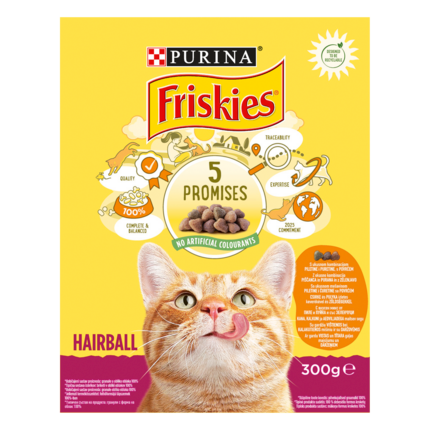 PURINA®FRISKIES® HAIRBALL, с пилешко месо и зеленчуци, суха храна за котки, 300 г