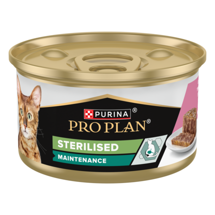 PURINA ® PRO PLAN ® STERILISED, за кастрирани котки в зряла възраст, с високо съдържание на риба тон и сьомга, 85g