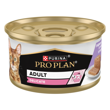 PURINA ® PRO PLAN ® DELICATE, за котки в зряла възраст с чувствително храносмилане, с високо съдържание на пуйка, 85g 
