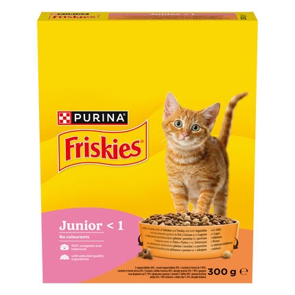 PURINA®FRISKIES® Junior, с пилешко, прясно мляко и зеленчуци, суха храна за котки, 300 г