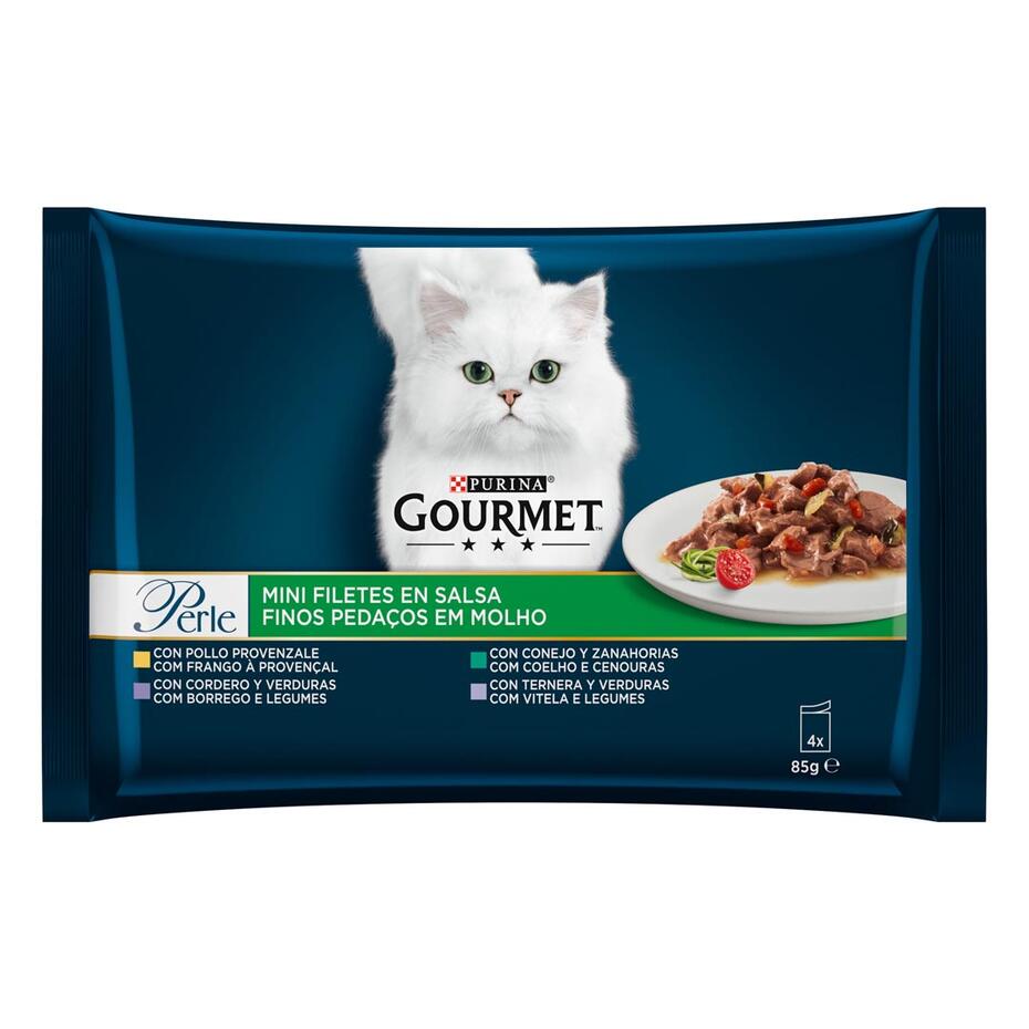 PURINA® GOURMET™ PERLE, с телешко месо и зеленчуци/заешко месо и моркови/агнешко месо и зеленчуци в сос, мокра храна за котки