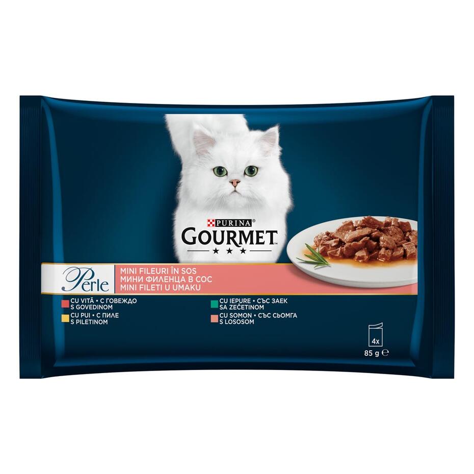 PURINA® GOURMET™ PERLE, с говеждо месо/пилешко месо/заешко месо/сьомга в сос, мокра храна за котки