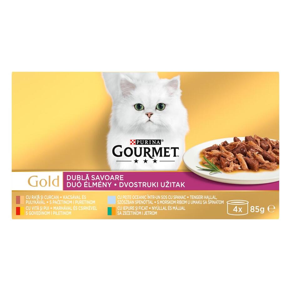 PURINA® GOURMET™ GOLD Double Pleasure, с говеждо и пилешко месо/патешко и пуешко месо/океанска рибаи спанак/заешко месо и чер
