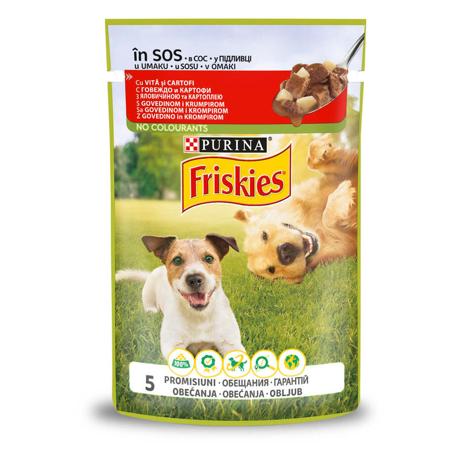 PURINA®FRISKIES® Adult, с говеждо месо и картофи в сос, мокра храна за кучета