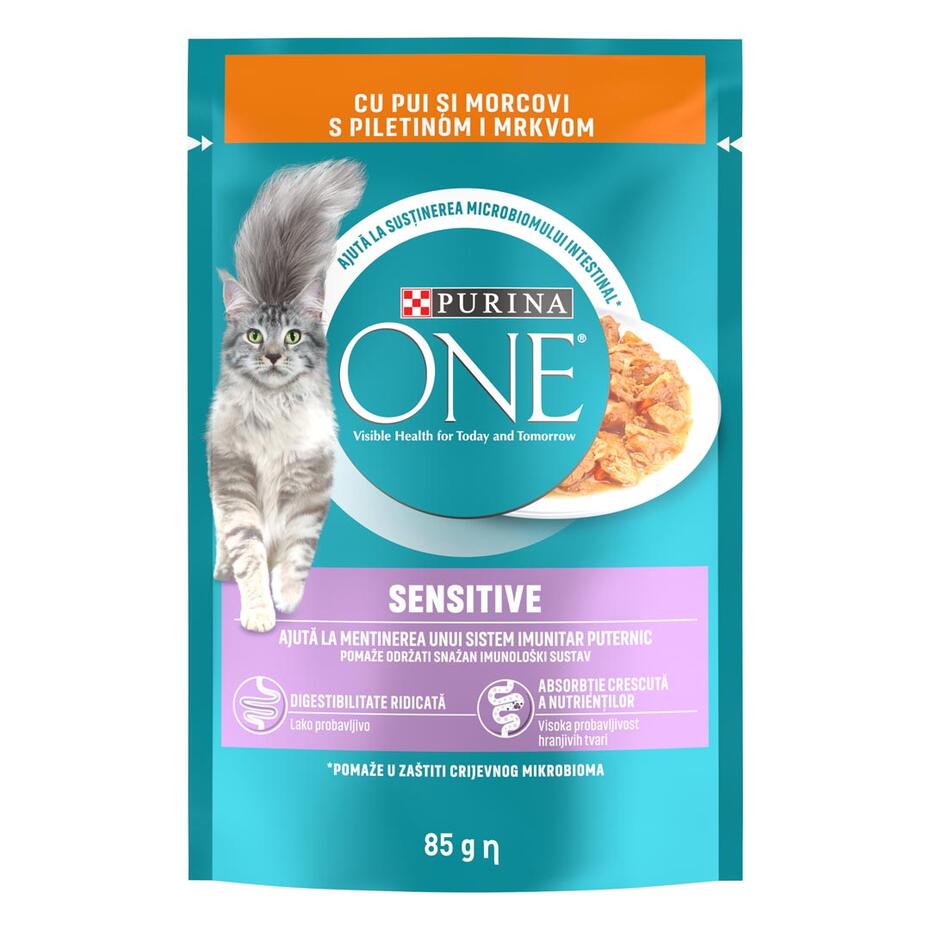 PURINA ONE SENSITIVE, с пилешко месо с морков, мини филета в сос, мокра храна за котки