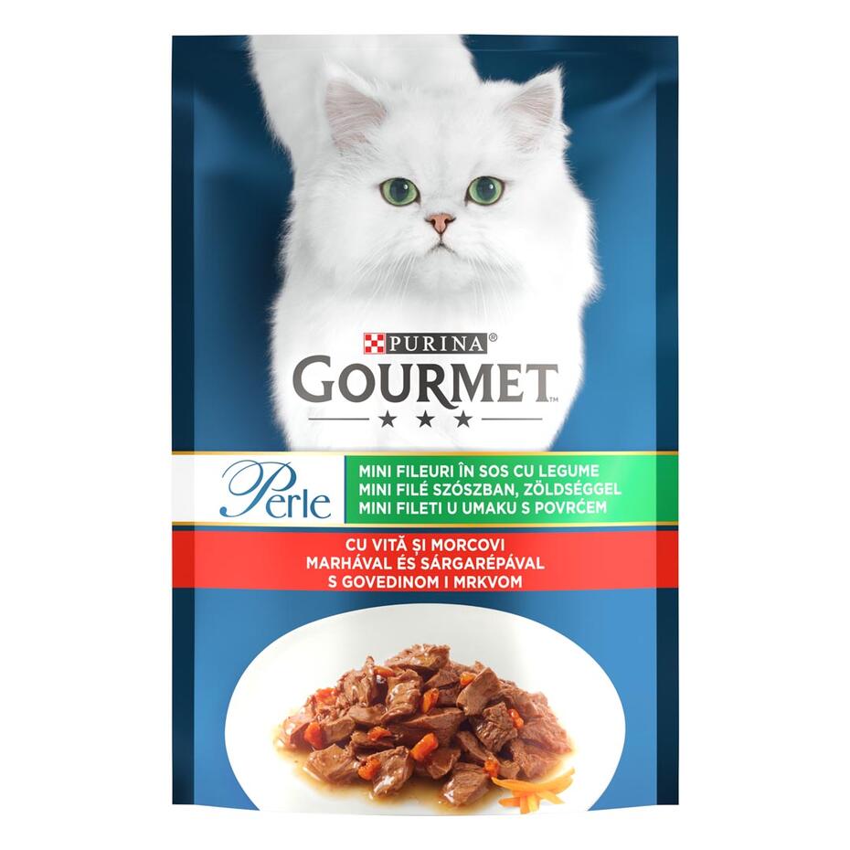PURINA® GOURMET™ PERLE, с говеждо месо, моркови и зеленчуци в сос, мокра храна за котки