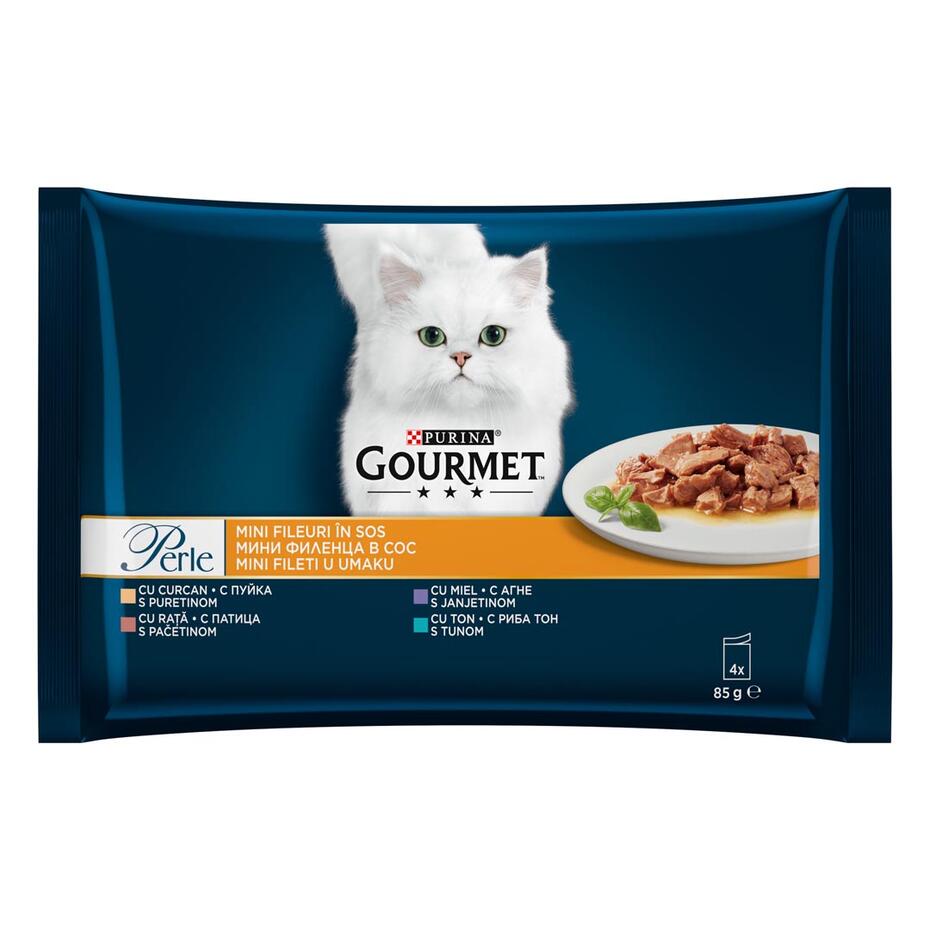 PURINA® GOURMET™ PERLE, мини филета в сос, с агнешко месо / патешко / тон / пуешко месо, храна за котки
