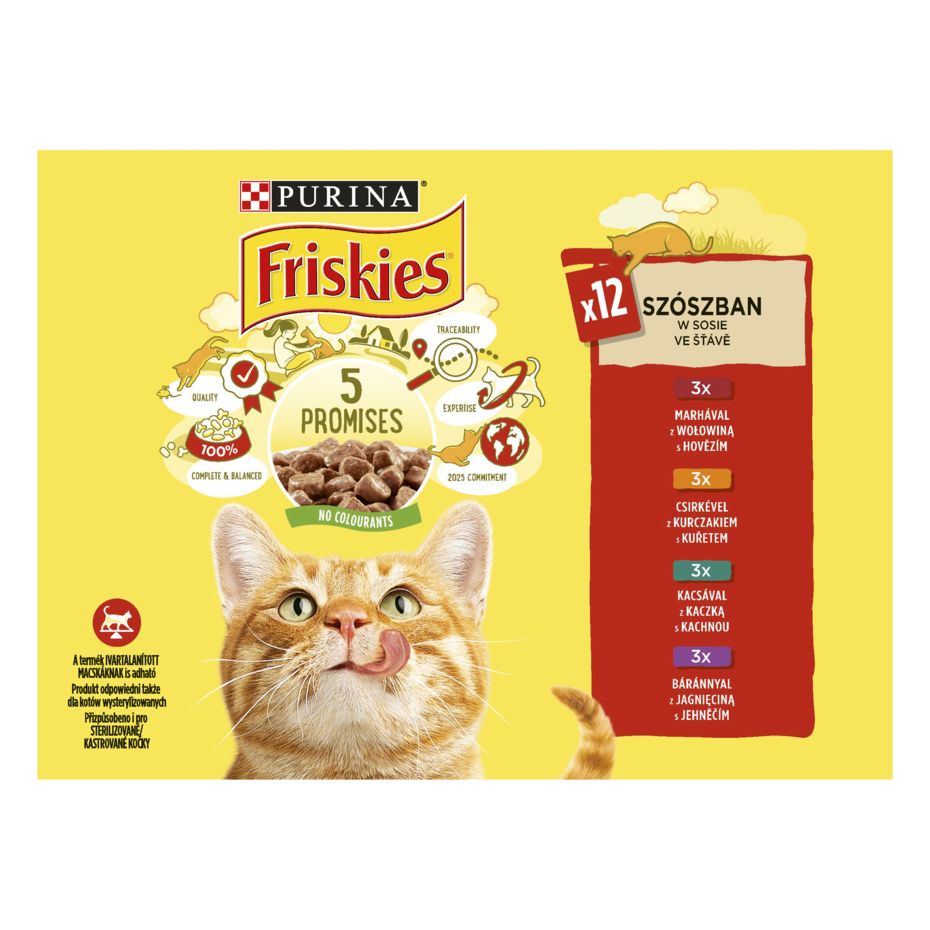 PURINA®FRISKIES® за котки в зряла възраст,Хапки в сос, с Месо  Мокра храна,Пауч, Мултиопаковка 12х85g