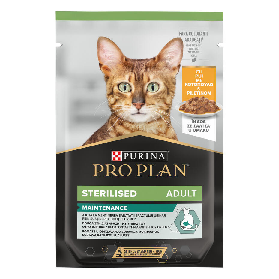 PURINA® PRO PLAN® STERILISED, за кастрирани котки в зряла възраст, с пиле, пауч