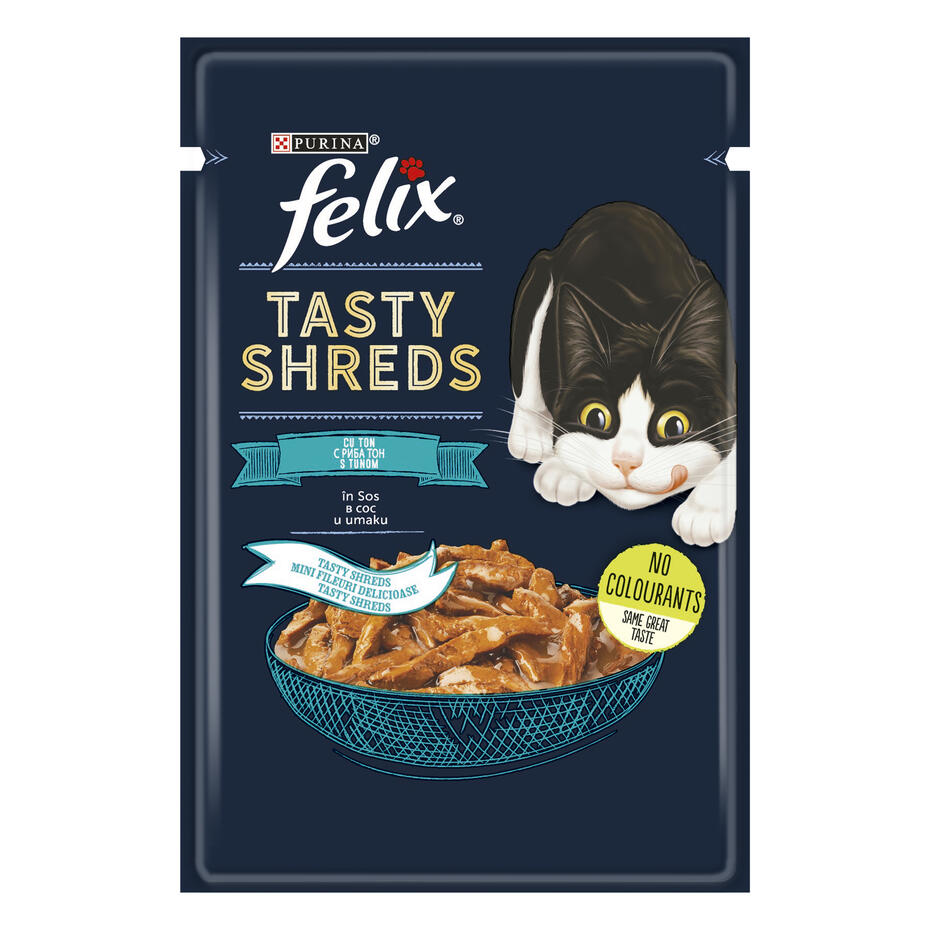 PURINA® FELIX® Tasty Shreds с риба тон в сос, мокра храна за котки, 80 g