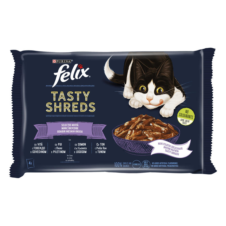 PURINA® FELIX® Tasty Shreds Селекция от вкусове - с пиле, с говеждо, със сьомга, с риба тон в сос, 4х80 g