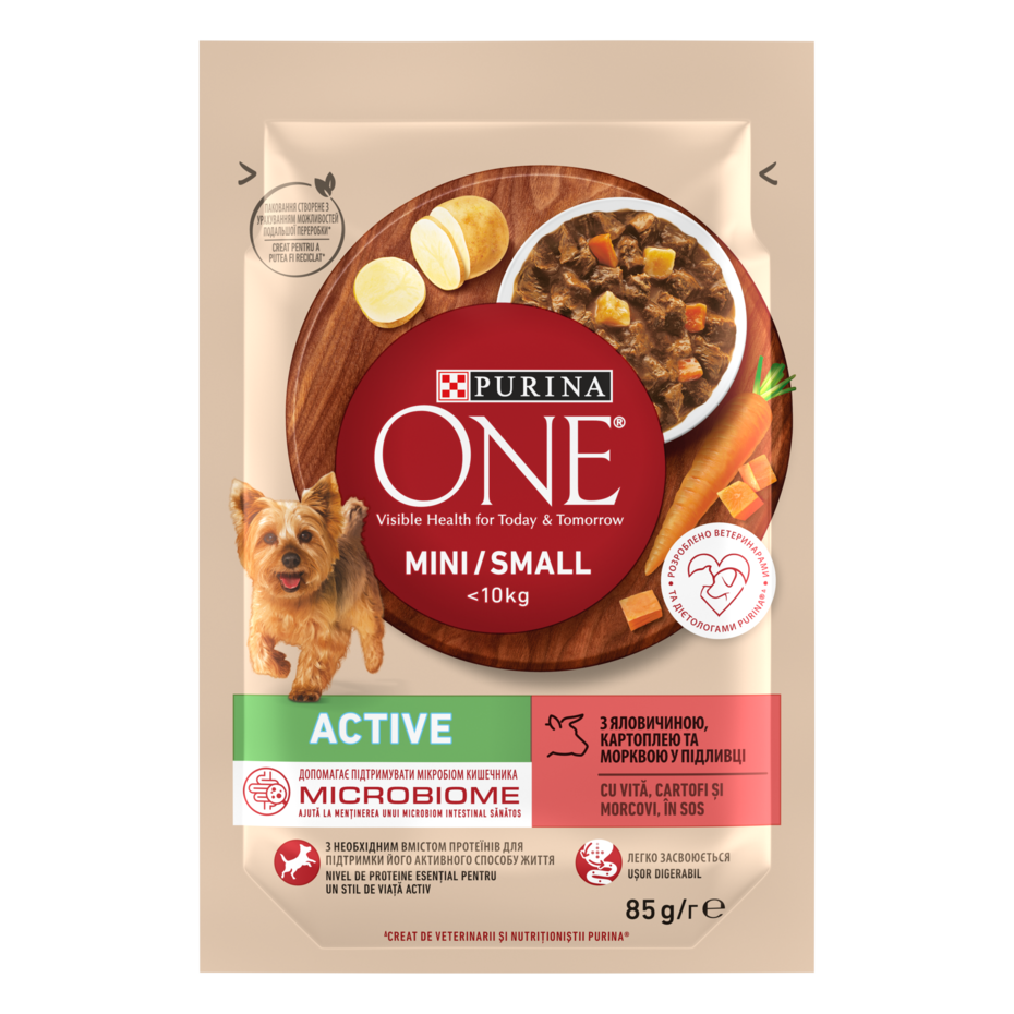 PURINA ONE MINI Active, с говеждо месо и картофи, мокра храна за кучета