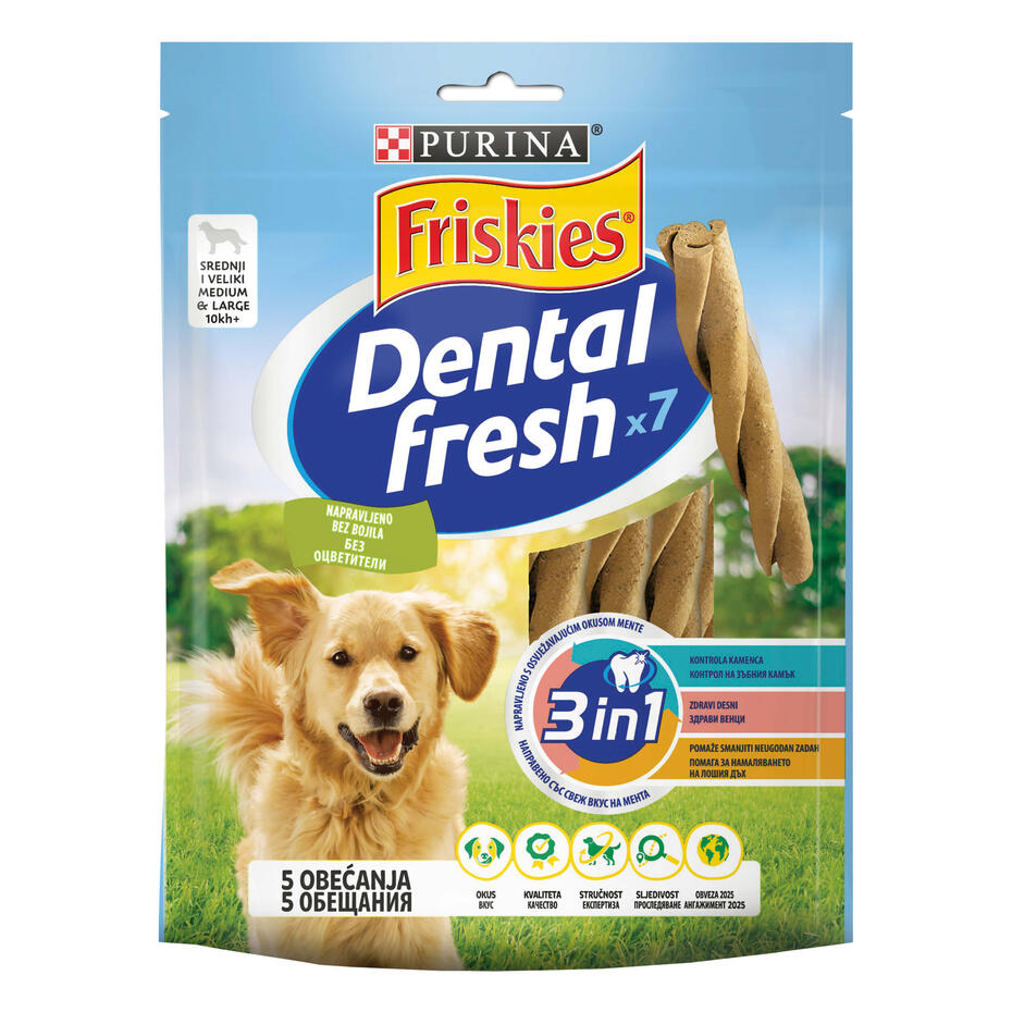 PURINA® FRISKIES® Dog Dental Fresh Лакомство за кучета в зряла възраст от средни породи, 180g