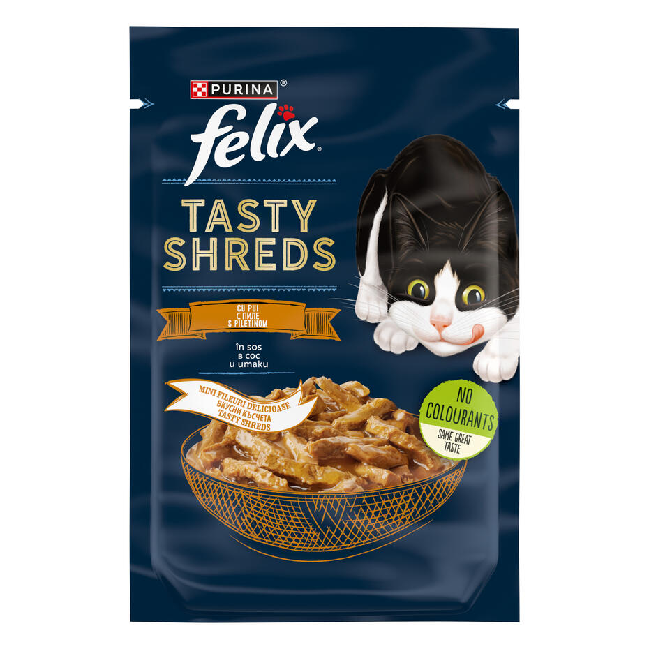 PURINA® FELIX® Tasty Shreds, с пиле в сос, мокра храна за котки, 80г