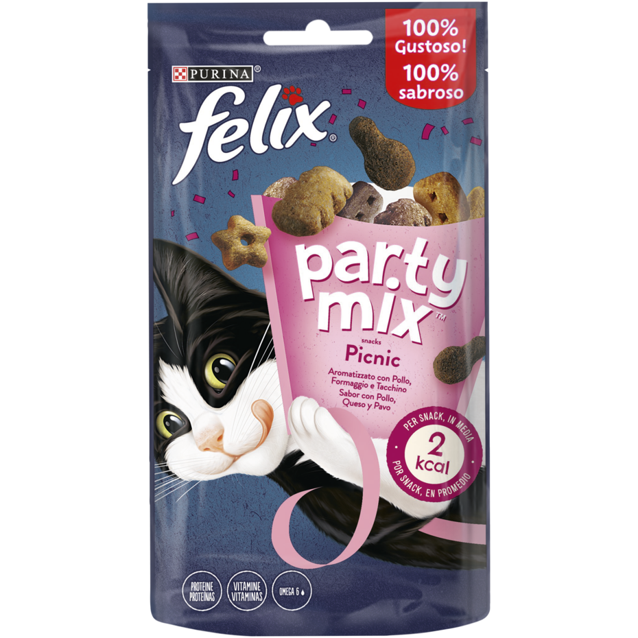 Felix® Party Mix Picnic. Допълваща суха храна за възрастни котки. Лакомство с с вкус на пиле, сирене и пуешко 60 г