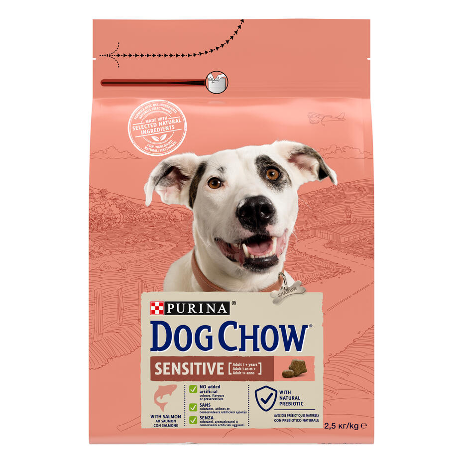 PURINA® DOG CHOW® Sensitive Adult Пълноценна храна за кучета в зряла възраст с Чуствителна Кожа, Козина и Проблемно Храносмил