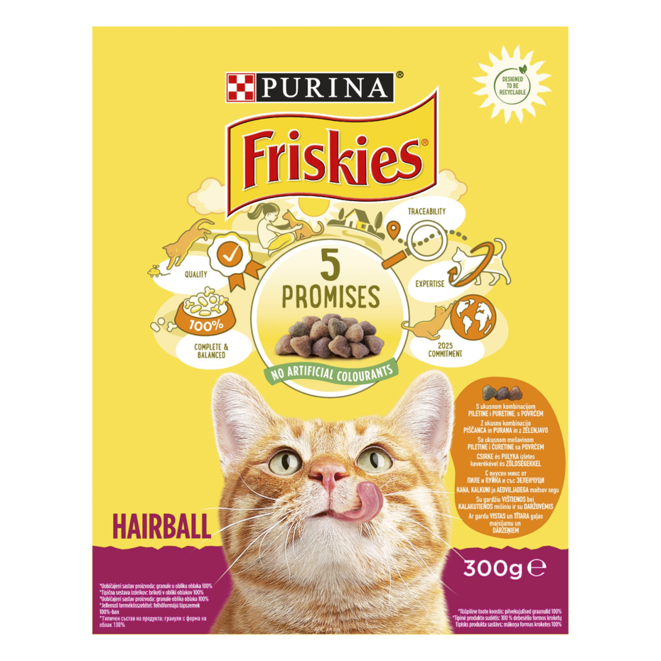 PURINA®FRISKIES® HAIRBALL, с пилешко месо и зеленчуци, суха храна за котки, 300 г