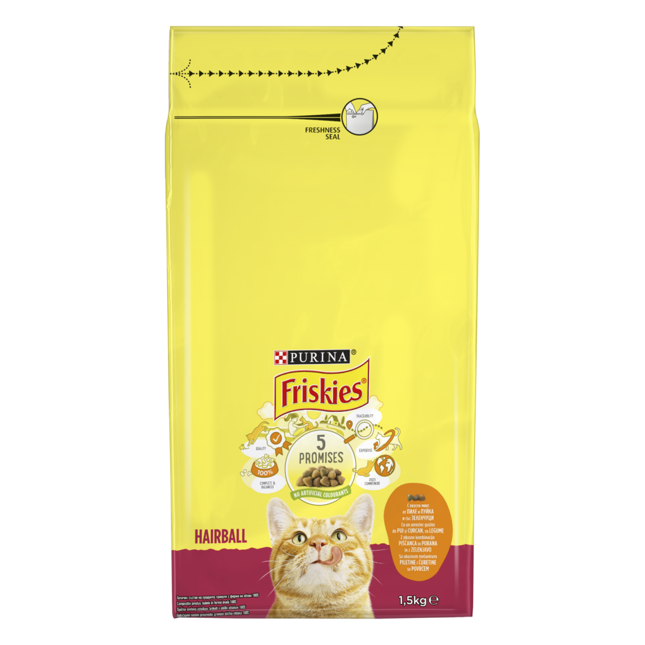 PURINA®FRISKIES® HAIRBALL, с пилешко месо и зеленчуци, суха храна за котки, 1.5 кг