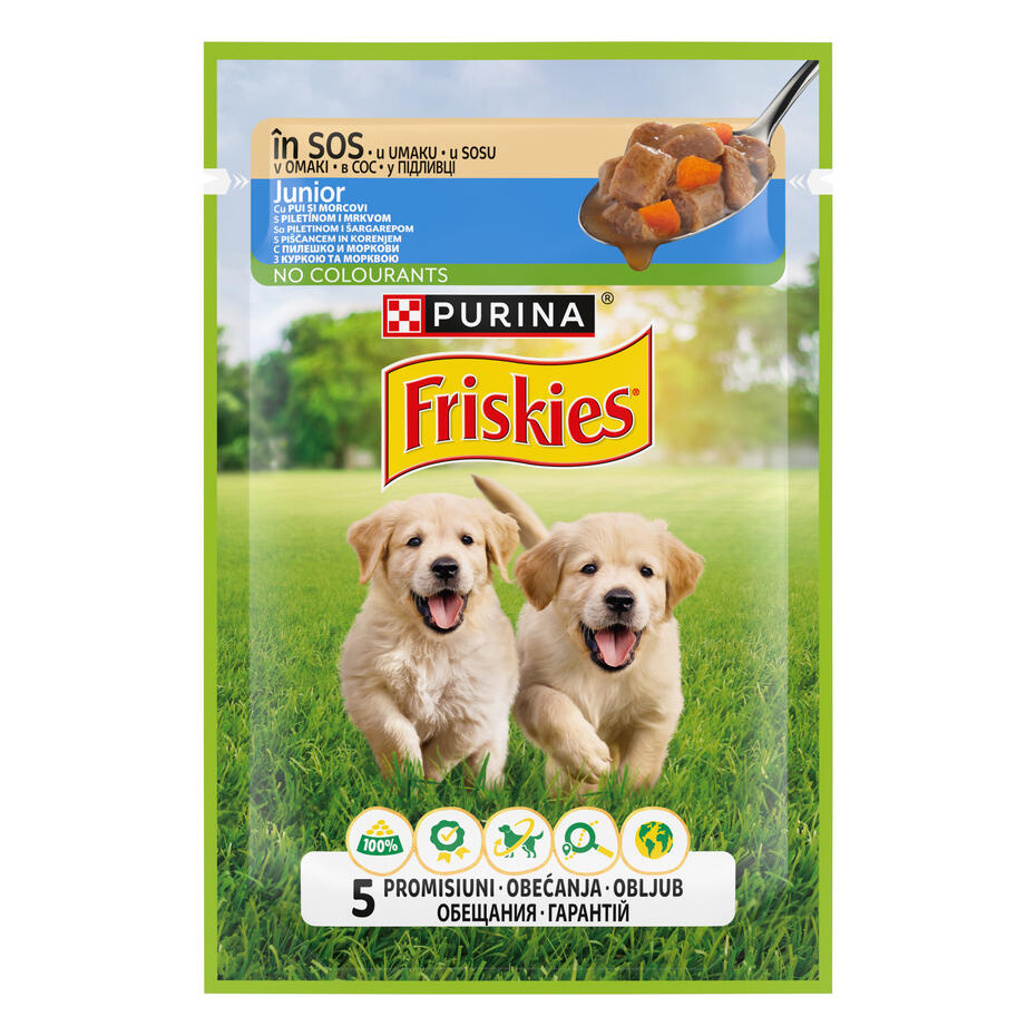 PURINA®FRISKIES® Junior, с пилешко месо и моркови в сос, мокра храна за кучета, 85г