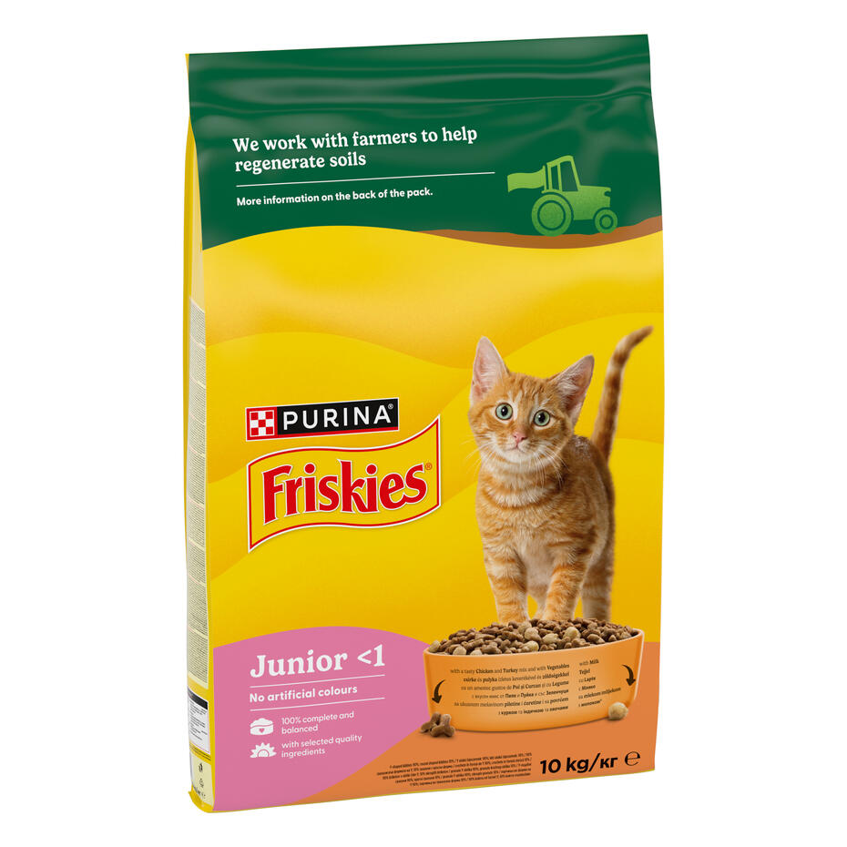 Purina Friskies® Junior с вкусна комбинация от пиле и пуйка с мляко и зеленчуци 10kg