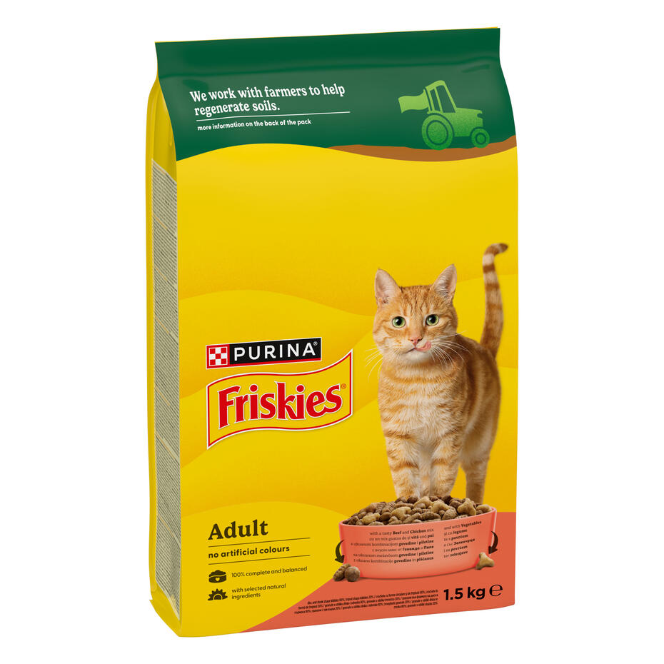 Purina Friskies® Adult с вкусен микс от Говеждо и Пилешко месо със зеленчуци  1.5kg пакет