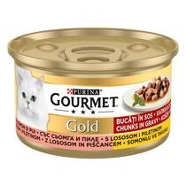 PURINA® GOURMET® GOLD, с пилешко месо и сьомга, мини филета в сос, мокра храна за котки