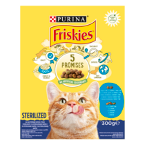 PURINA®FRISKIES® STERILISED за котки в зряла възраст,Сьомга  и Зеленчуци, суха храна, 300g