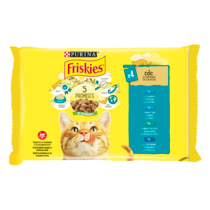 PURINA®FRISKIES® за котки в зряла възраст,Хапки в сос,Сьомга/ Риба тон/Риба Треска/ Сардина, Мокра храна,Пауч, Мултиопаковка 