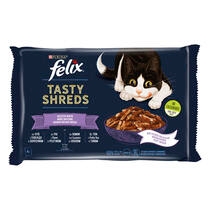 PURINA® FELIX® Tasty Shreds Селекция от вкусове - с пиле, с говеждо, със сьомга, с риба тон в сос, 4х80 g