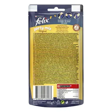 PURINA® FELIX® PARTY MIX Original Mix с пилешко месо, черен дроб, пуешко месо, награди за котки