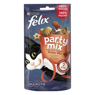 PURINA® FELIX® PARTY MIX Mixed Grill с говеждо месо, пилешко месо, сьомга, награди за котки