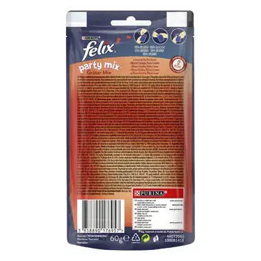 PURINA® FELIX® PARTY MIX Mixed Grill с говеждо месо, пилешко месо, сьомга, награди за котки