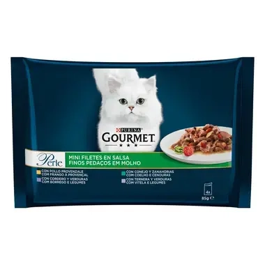 PURINA® GOURMET® PERLE, с телешко месо и зеленчуци/заешко месо и моркови/агнешко месо и зеленчуци в сос, мокра храна за котки