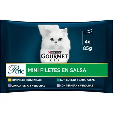 PURINA® GOURMET® PERLE, с телешко месо и зеленчуци/заешко месо и моркови/агнешко месо и зеленчуци в сос, мокра храна за котки