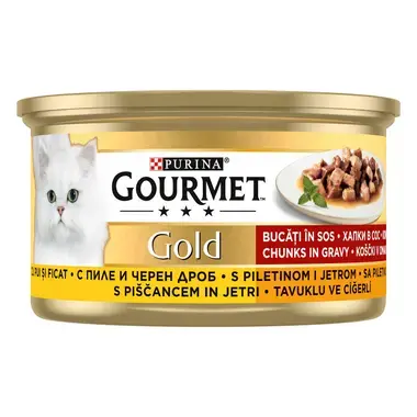 PURINA® GOURMET® GOLD, с пилешко месо и черен дроб, мини филета в сос, мокра храна за котки