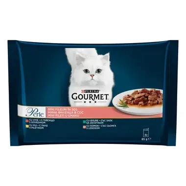 PURINA® GOURMET® PERLE, с говеждо месо/пилешко месо/заешко месо/сьомга в сос, мокра храна за котки