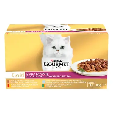 PURINA® GOURMET® GOLD Double Pleasure, с говеждо и пилешко месо/патешко и пуешко месо/океанска рибаи спанак/заешко месо и чер