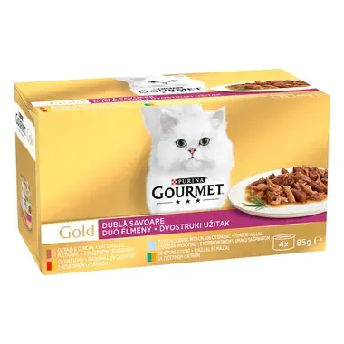 PURINA® GOURMET® GOLD Double Pleasure, с говеждо и пилешко месо/патешко и пуешко месо/океанска рибаи спанак/заешко месо и чер