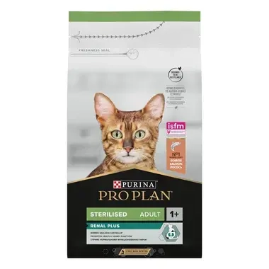 PURINA ® PRO PLAN ® Sterilised Adult 1+ RENAL PLUS, богата на сьомга, суха храна за котки