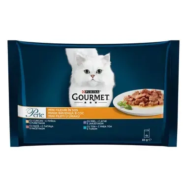 PURINA® GOURMET® PERLE, мини филета в сос, с агнешко месо / патешко / тон / пуешко месо, храна за котки